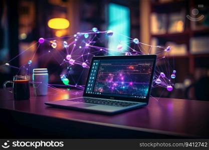 Laptop with abstract network hologram on dark office interior background. 3D Rendering