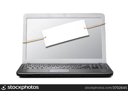 laptop with blank note on white background