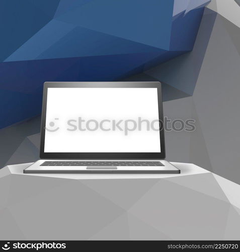 Laptop with blank screen on laminate table and low poly geometric background