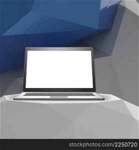 Laptop with blank screen on laminate table and low poly geometric background