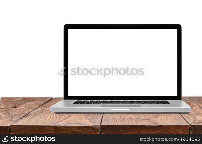 Laptop with blank screen on wooden empty brown table isolated on white background. Laptop with blank screen on wooden table isolated