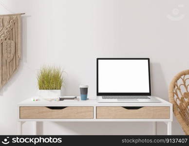 Laptop with blank white screen, on white table at home. Computer mock up. Free, copy space for app, game, web site presentation. Empty laptop screen ready for your design. Modern interior. 3D render. Laptop with blank white screen, on white table at home. Computer mock up. Free, copy space for app, game, web site presentation. Empty laptop screen ready for your design. Modern interior. 3D render.