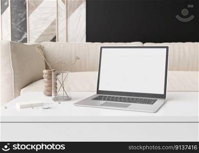 Laptop with blank white screen, on white table at home. Computer mock up. Free, copy space for app, game, web site presentation. Empty laptop screen ready for your design. Modern interior. 3D render. Laptop with blank white screen, on white table at home. Computer mock up. Free, copy space for app, game, web site presentation. Empty laptop screen ready for your design. Modern interior. 3D render.