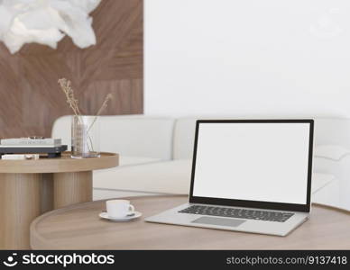 Laptop with blank white screen, on wooden table at home. Computer mock up. Free, copy space for app, game, web site presentation. Empty laptop screen ready for your design. Modern interior. 3D render. Laptop with blank white screen, on wooden table at home. Computer mock up. Free, copy space for app, game, web site presentation. Empty laptop screen ready for your design. Modern interior. 3D render.