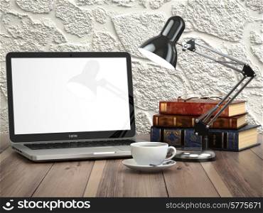 Laptop with books and coffee cup on the vintage desk. Modern stylish workspace. 3d