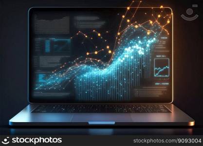 Laptop with business data diagrams and charts on display. Generative AI. High quality illustration. Laptop with business data diagrams and charts on display. Generative AI