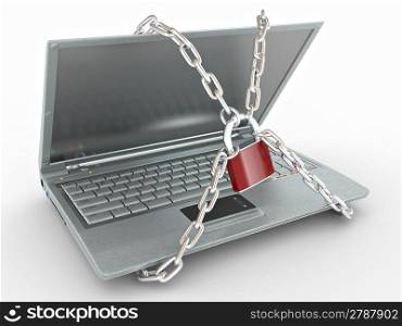 Laptop with chains and lock on white isolated background. 3d
