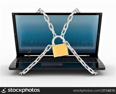 Laptop with chains and lock on white isolated background. 3d
