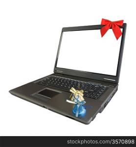 laptop with christmas elements isolated on white background