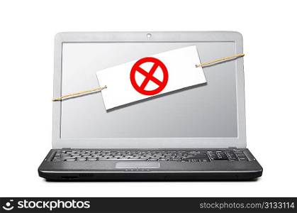 laptop with deny sign on white background