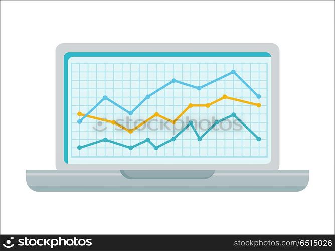 Laptop with Diagram on Screen. Laptop with diagram on screen. Laptop flat icon. Laptop with infographics. Concept of online business, commerce, statistics, information. Isolated object on white background. Vector illustration.