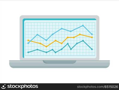 Laptop with Diagram on Screen. Laptop with diagram on screen. Laptop flat icon. Laptop with infographics. Concept of online business, commerce, statistics, information. Isolated object on white background. Vector illustration.
