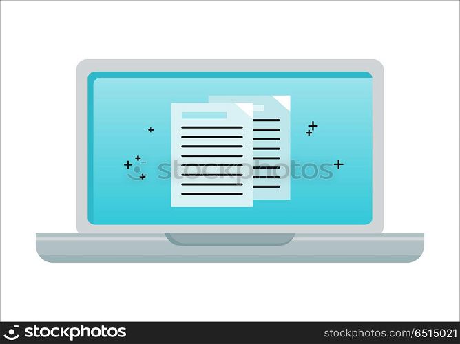 Laptop with Electronic Documents on Screen. Laptop with electronic documents on screen. Laptop flat icon. Concept of online document management, online communication, internet network, email correspondence. Isolated object on white background