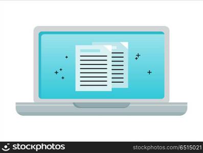 Laptop with Electronic Documents on Screen. Laptop with electronic documents on screen. Laptop flat icon. Concept of online document management, online communication, internet network, email correspondence. Isolated object on white background