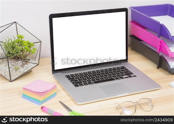 laptop with green plant stickers table