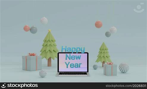 Laptop with happy new year text illusion on screen with christmas tree present gift box and ornaments decorated to celebrate incoming year 3D rendering illustration