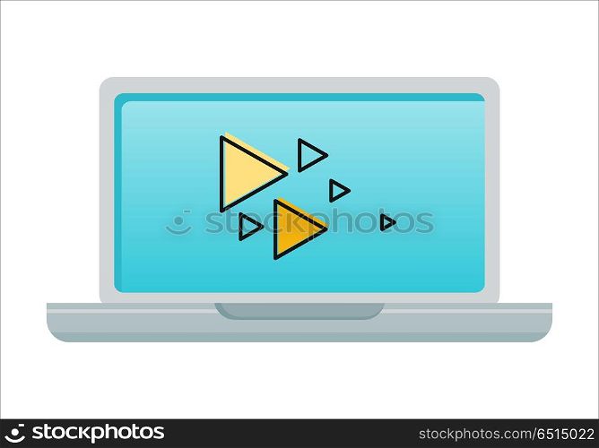 Laptop with Media Sings on Screen. Laptop with media sings on blue screen. Laptop flat icon. Concept of social media, media content, online communication, interactive video, online entertainment. Isolated object on white background