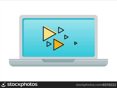 Laptop with Media Sings on Screen. Laptop with media sings on blue screen. Laptop flat icon. Concept of social media, media content, online communication, interactive video, online entertainment. Isolated object on white background