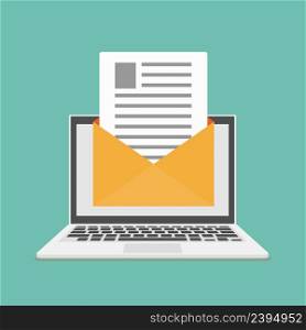 Laptop with new email envelope. Computer and document on screen. Email concept. Flat style vector illustration.. Laptop with new email envelope. Computer and document on screen. Flat style vector illustration.
