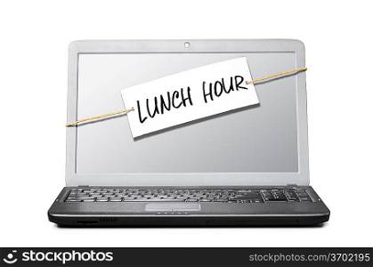 laptop with note about lunch hour