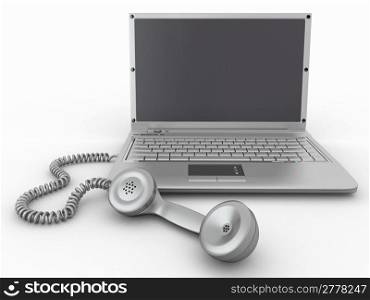 Laptop with old-fashioned phone reciever on white background. 3d