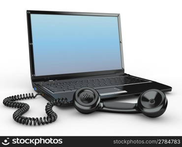 Laptop with old-fashioned phone reciever on white background. 3d