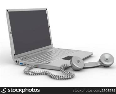 Laptop with old-fashioned phone reciever on white background. 3d