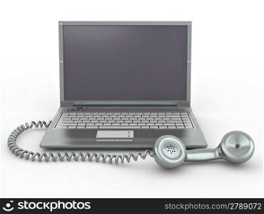 Laptop with old-fashioned phone reciever on white isolated background. 3d