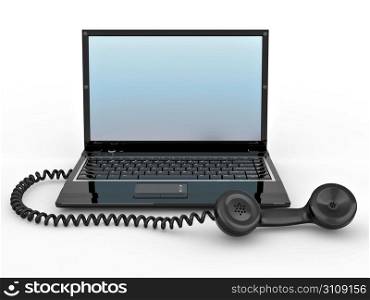 Laptop with old-fashioned phone reciever on white isolated background. 3d