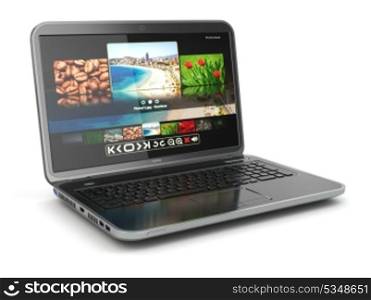Laptop with photoviewer on screen on white isolated background. 3d