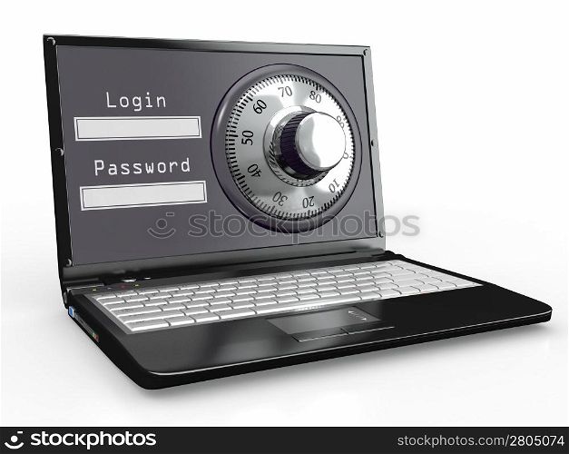 Laptop with steel security lock. Password. 3d