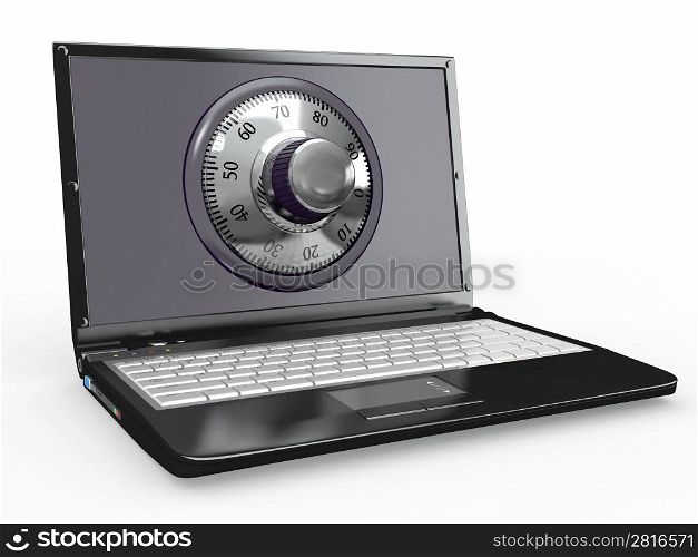 Laptop with steel security lock. Password. 3d