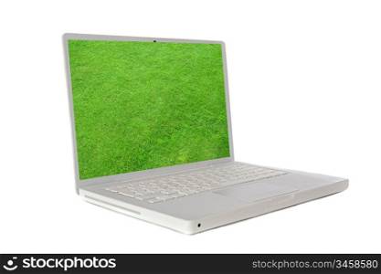 Laptop with the image of a green grass solated on white background