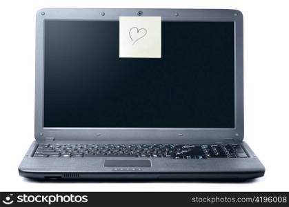 laptop with valentine sticky note isolated on white