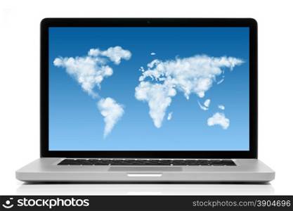 Laptop with world map made of clouds on screen isolated on white background. Laptop with world map made of clouds on screen