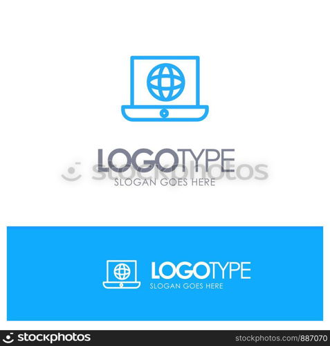 Laptop, World, Globe, Technical Blue Outline Logo Place for Tagline