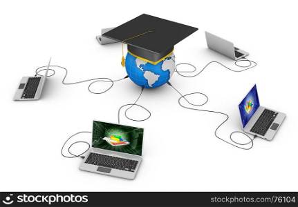laptops and a globe with a graduate cap. 3d rendering.