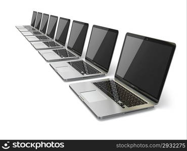 Laptops in a row on white background. 3d