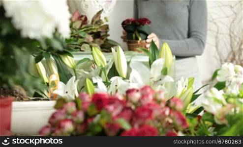 Large array of flowers in florist shop, in the background woman arranging Valentines Day rose heart bouquet
