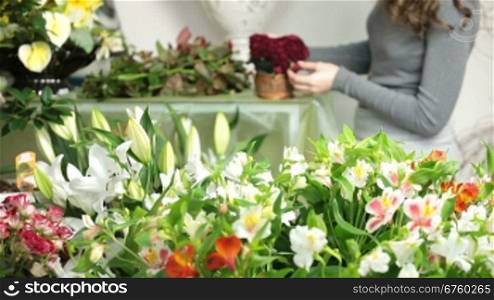Large array of flowers in florist shop, in the background woman arranging Valentines Day rose heart bouquet. Focus on foreground