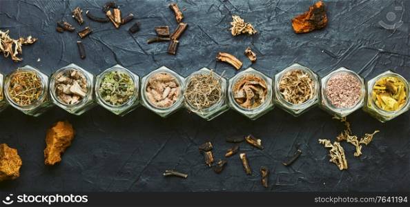 Large assortment of dried medicinal herbs,roots and bark. Dry medicinal,healing herbs