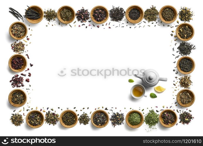Large assortment of tea on a white background. The view from the top.. Large assortment of tea on a white background. The view from the top