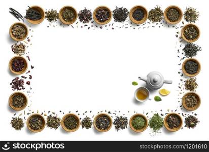 Large assortment of tea on a white background. The view from the top.. Large assortment of tea on a white background. The view from the top