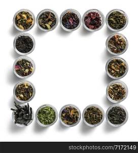 Large assortment of teas in the form of a frame on a white background. The view from the top.. Large assortment of teas in the form of a frame on a white background. The view from the top