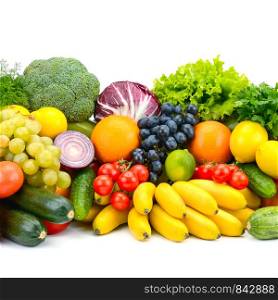 Large assortment vegetables and fruits isolated on white background