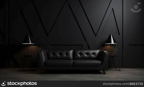Large black couch sits in front of black l&s, in the style of minimalist backgrounds.