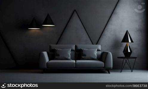 Large black couch sits in front of black l&s, in the style of minimalist backgrounds.