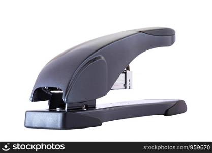 Large black stapler isolated on white background.