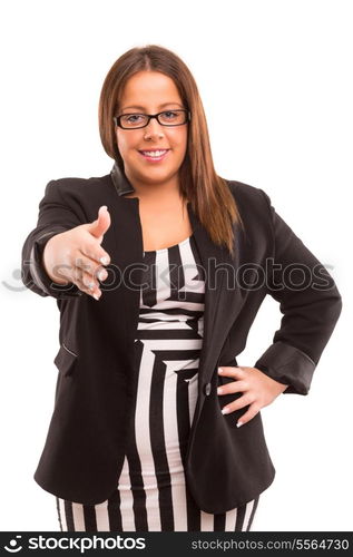 Large business woman offering handshake, isolated over white