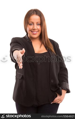 Large business woman offering handshake, isolated over white